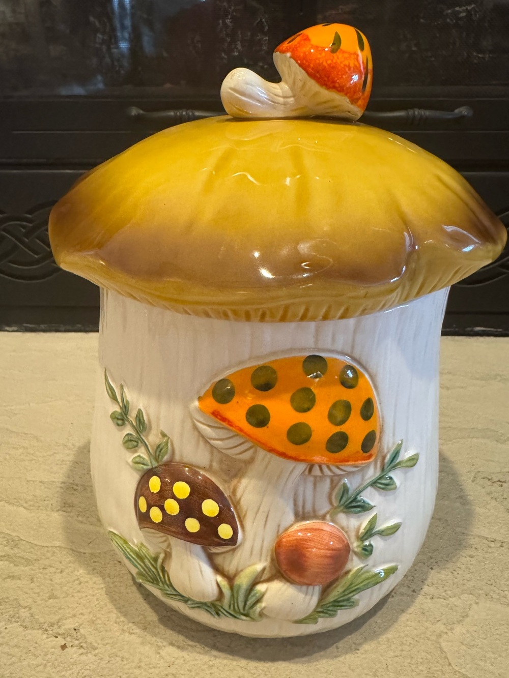 Vintage XL Merry Mushroom Sears Yellow & Orange Mushroom Canister